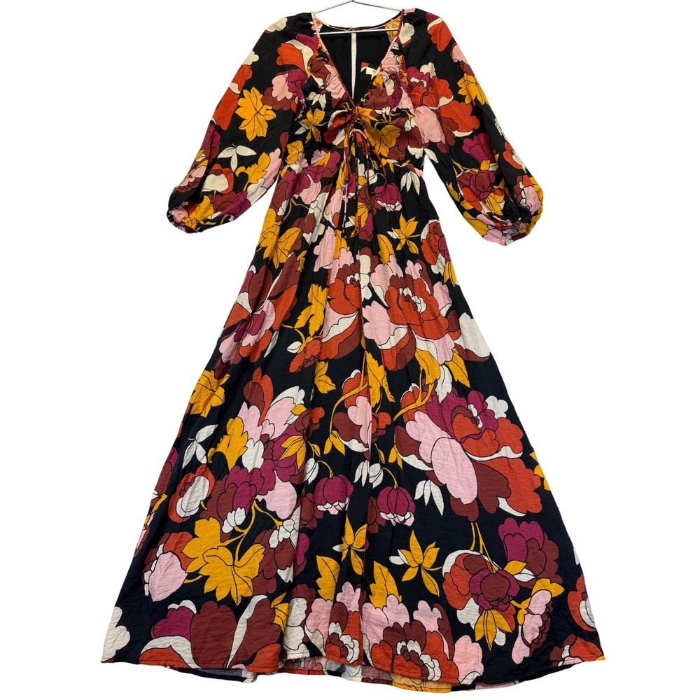 Maeve Anthropologie Floral V-Neck Maxi Dress Black‎ Orange Pink Womens Size 10